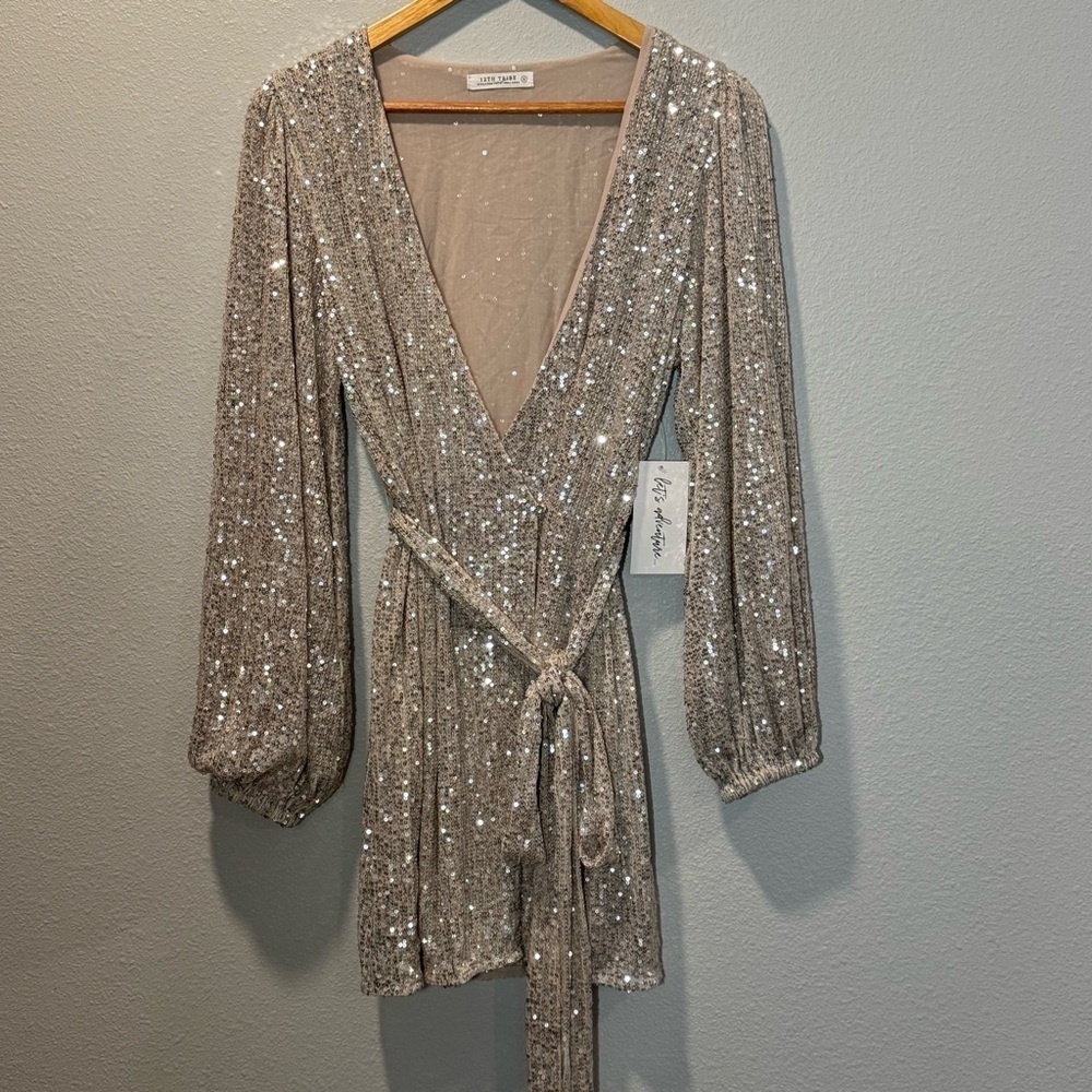 12th Tribe Now Or Never Champagne Sequin Wrap Dress sz S Sparkly Balloon Sleeve - Picture 2 of 11